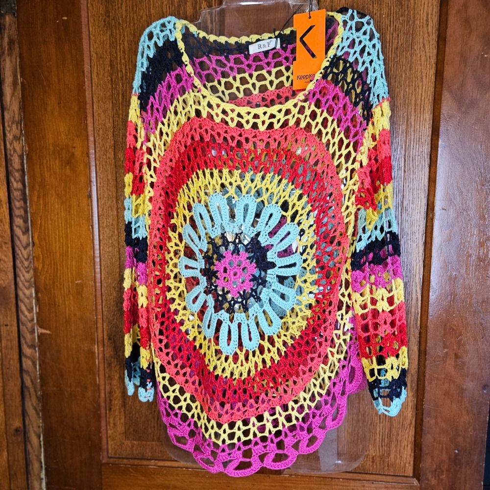 R&F KeepKool Cotton Crochet Sweater Women L Rainbow Boho Floral Medallion New